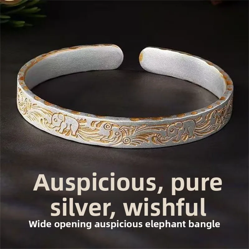

S999 Pure Silver Carved Elephant Bracelet, Retro Solid Jewelry, Suitable for Men and Women, an Excellent Valentine's Day Gift.