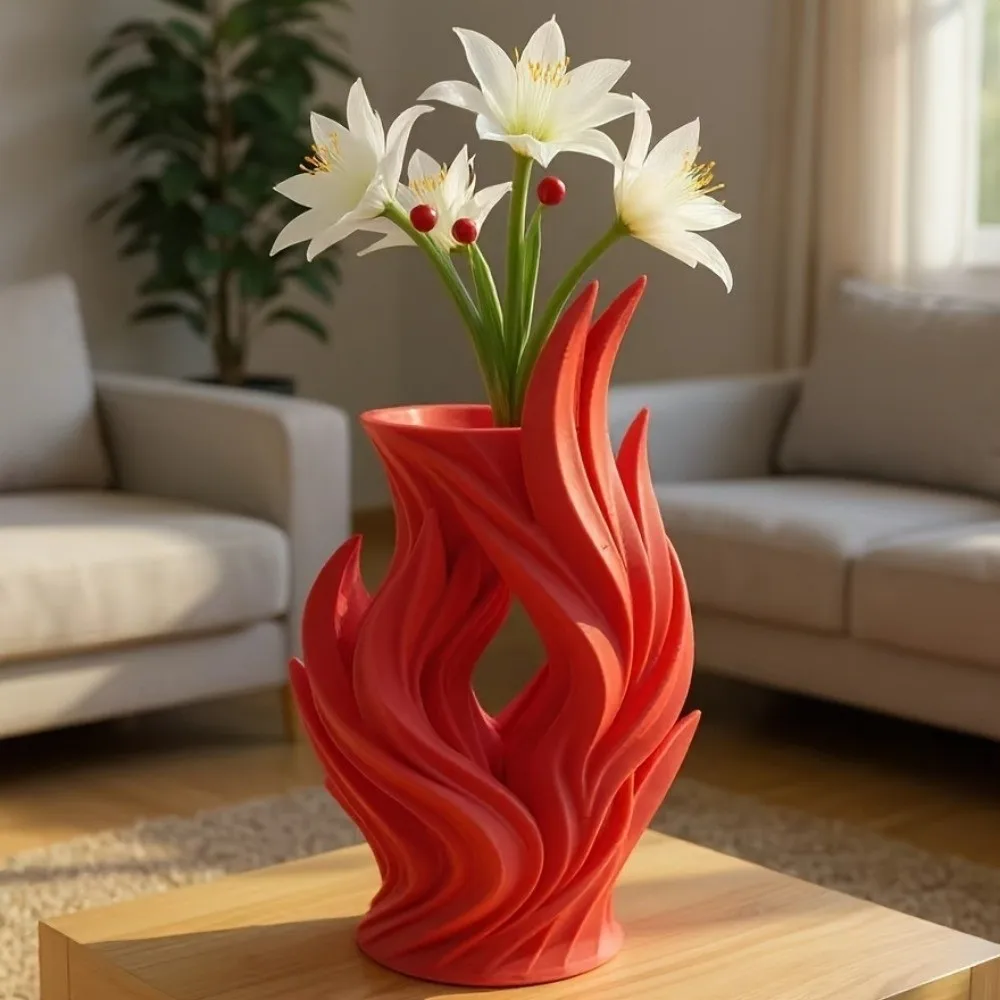 Flower Arrangement 3D Printed Irregular Vase Hollow Out Twisted Wave Artistic Flame Vase Minimalist Flower Container Entrance