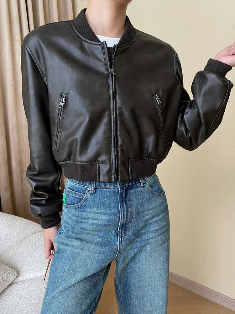 Cropped Bomber Leather Jacket for Women Spring Autumn 2024 Trend Vintage Zipper Slim PU Leather Motorcycle Jackets