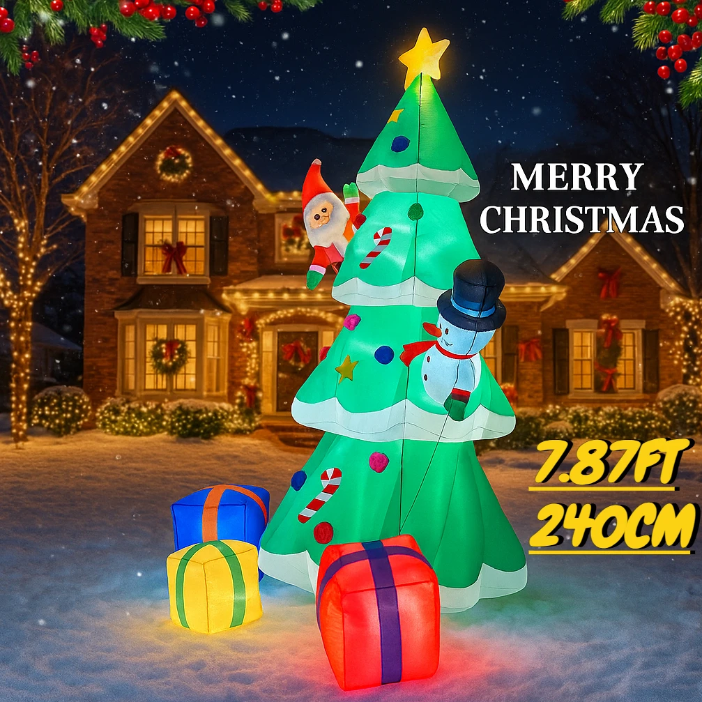 7.87FT Inflatable Toy Christmas Tree Decor Set Santa Snowman Gift Box Xmas Yard Ornament Supplies With LED Lit Christmas Decor