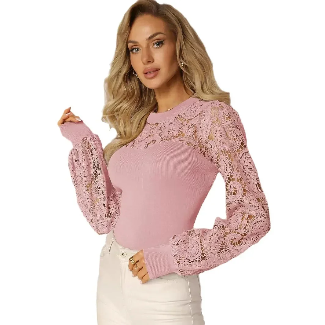 PopPop2024 جديد المرأة طويلة الأكمام تي شيرت أنيق المعرفة نمط الجوف خارج سترة بدون ياقة الراقية يشعر للتنقل #5