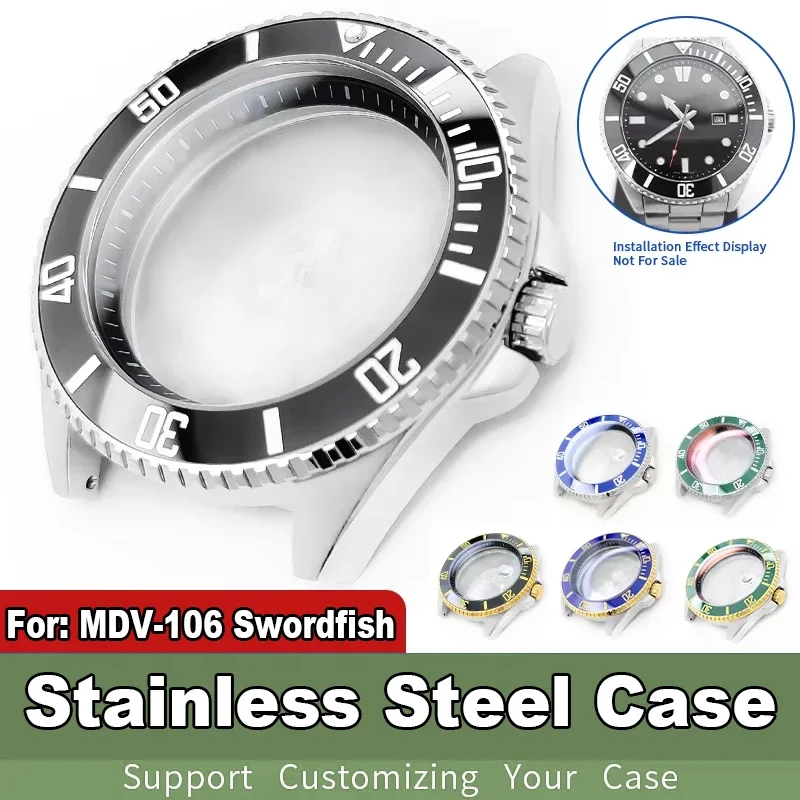 For Casio MDV-106 Swordfish stainless steel Watch Cases 3 o'clock Shiny/Brushed Bezel Insert Crown Calendar Sapphire Glass Case