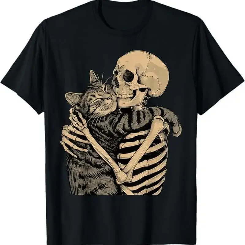 Skeleton Hugging Cat Halloween Cat Lover Cat Mom Dad T-Shirt