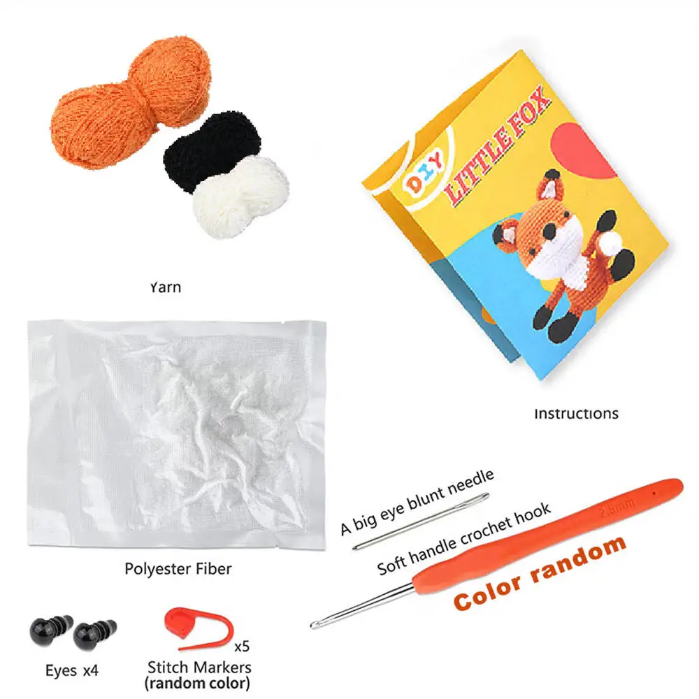 Fox Crochet Kit For Beginners With Instruction Knitting Yarn Thread Hook Needles Easy Knit Accessories Set DIY Craft