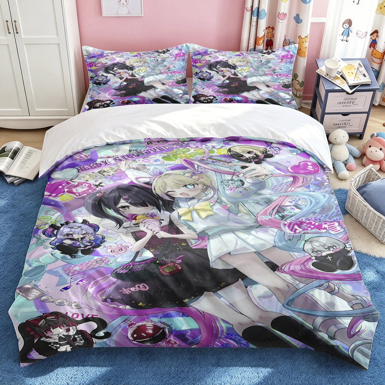 NEEDY GIRL OVERDOSE Bedding Set Anime Girl Printed Duvet Cover Pillowcases Pink Decor Bedclothes Bedroom Cover Bedroom Home