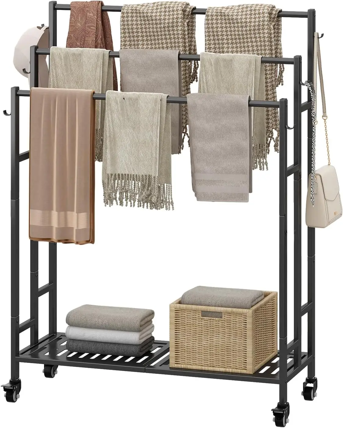 

Трехуровневая напольная металлическая вешалка для полотенец с полкой для хранения и колесиками для больших полотенец и одеял, черная