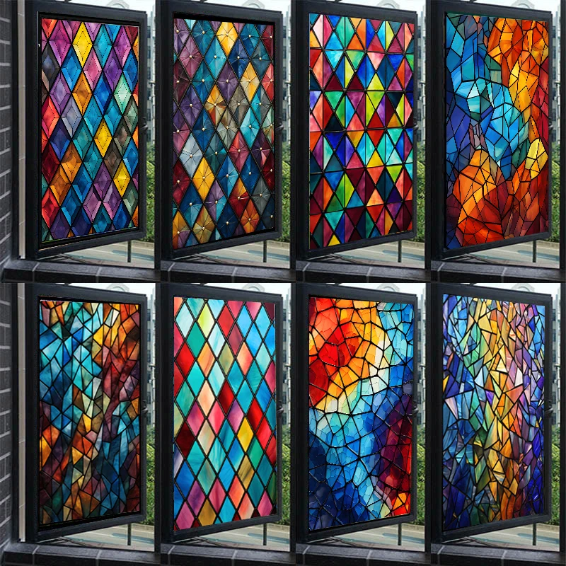 Stained Glass Colored Window Film Vintage-style Geometric Window Paper Blocks Bathroom Light Through Opaque Glass Stickers