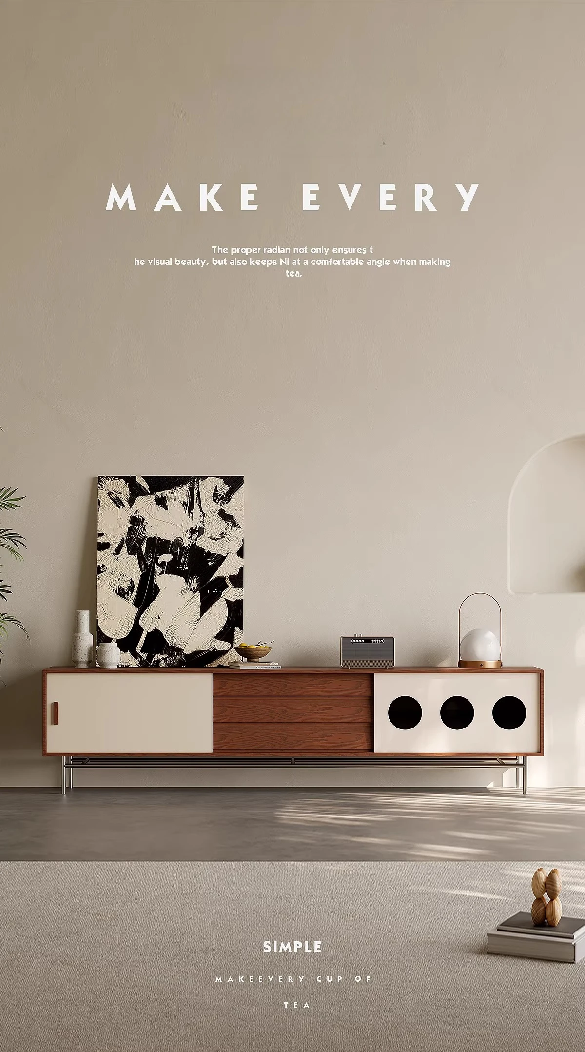 

Retro, Bauhaus, TV cabinet, integrated storage locker, small apartment, living room