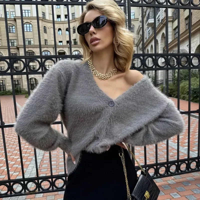 

Lazy Style Faux Mink Fur Knitted Cardigan Autumn and Winter New Loose V-neck Casual Sweater for Women Clothes