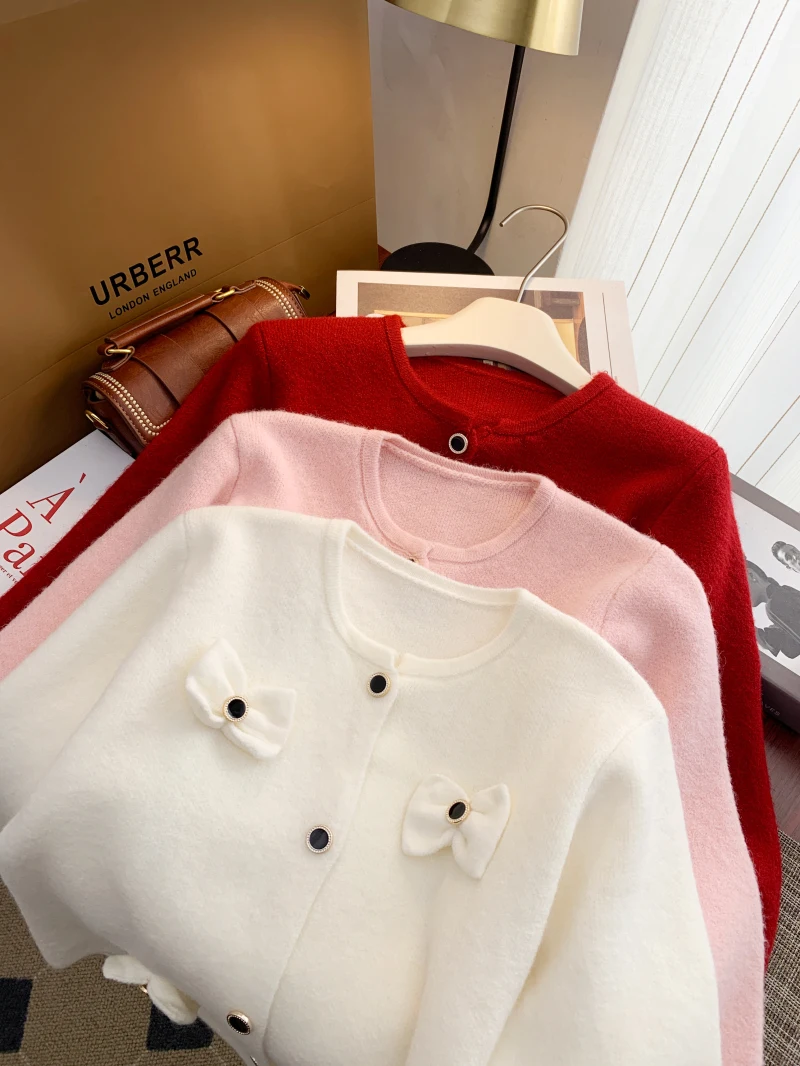 New 2024 Autumn Winter Knitted Cardigans And Sweaters For Women Single Buttons White Red Or Pink Sweater Women Tops Outwears