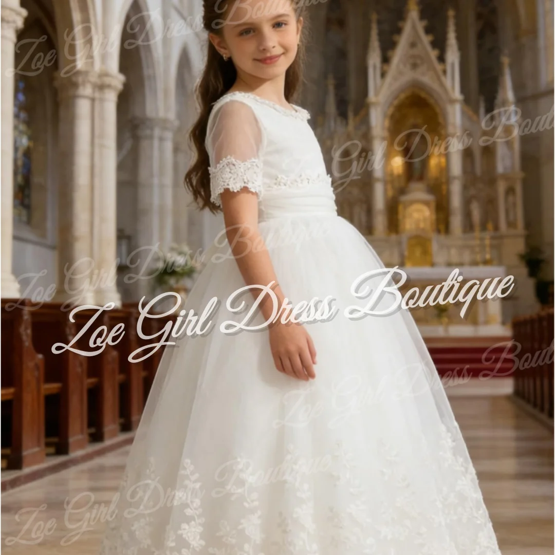 White Sheer Short Sleeve Lace Embroidered Tulle Flower Girl Dress Back Bow Gown Wedding Pageant Birthday First Communion Custom