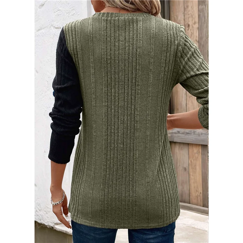 

【SEE】Women's Color Block Button Asymmetric Long Sleeve Shirt, Light Button Trim, Side Slit Waist Top