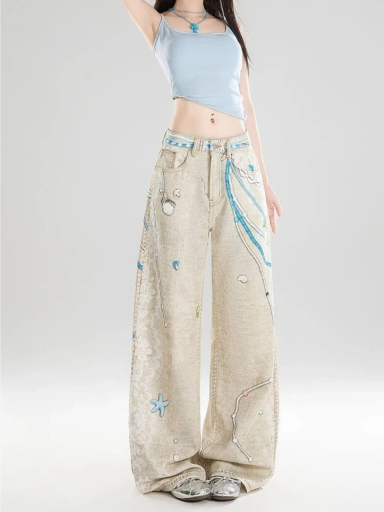 Summer New Women's High Waist Loose Fit American Vintage Jeans Wide Leg with Chain Lace Print Slimming Design