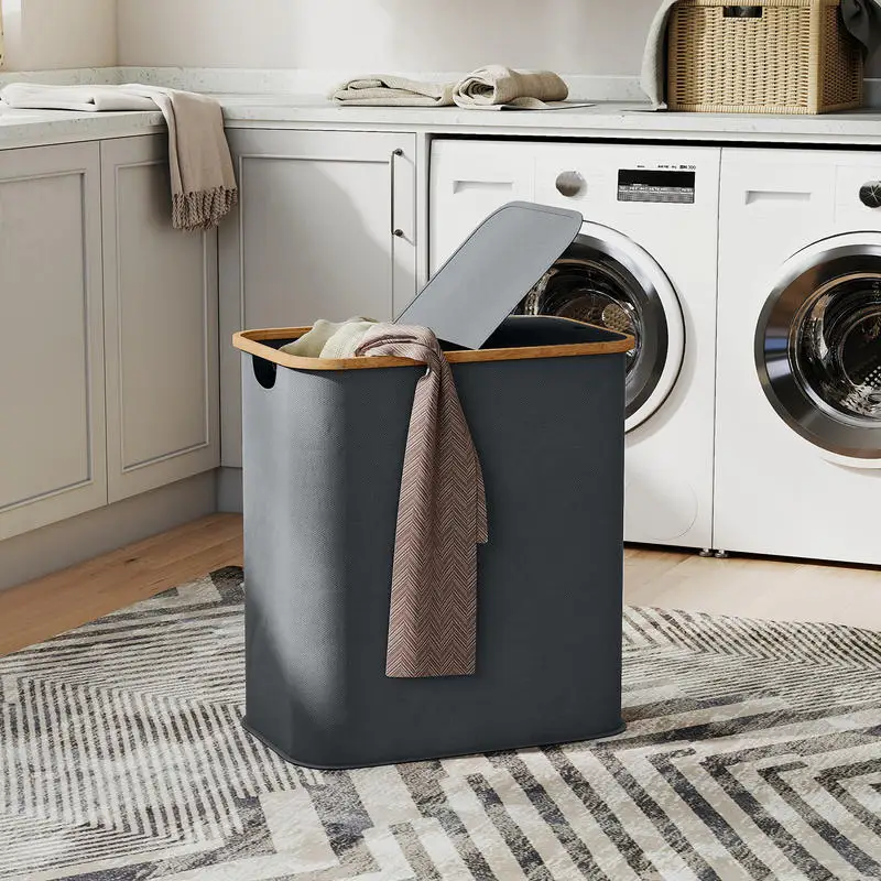 Panier à linge pliable 54 x 34 x 58,5 cm en tissu non tissé et bambou avec couvercle, double capacité 80 L, avec deux compartiments de 40 L chacun, pour l'organisation dans la salle de bain, la chambre, l'appartement, les espaces modernes