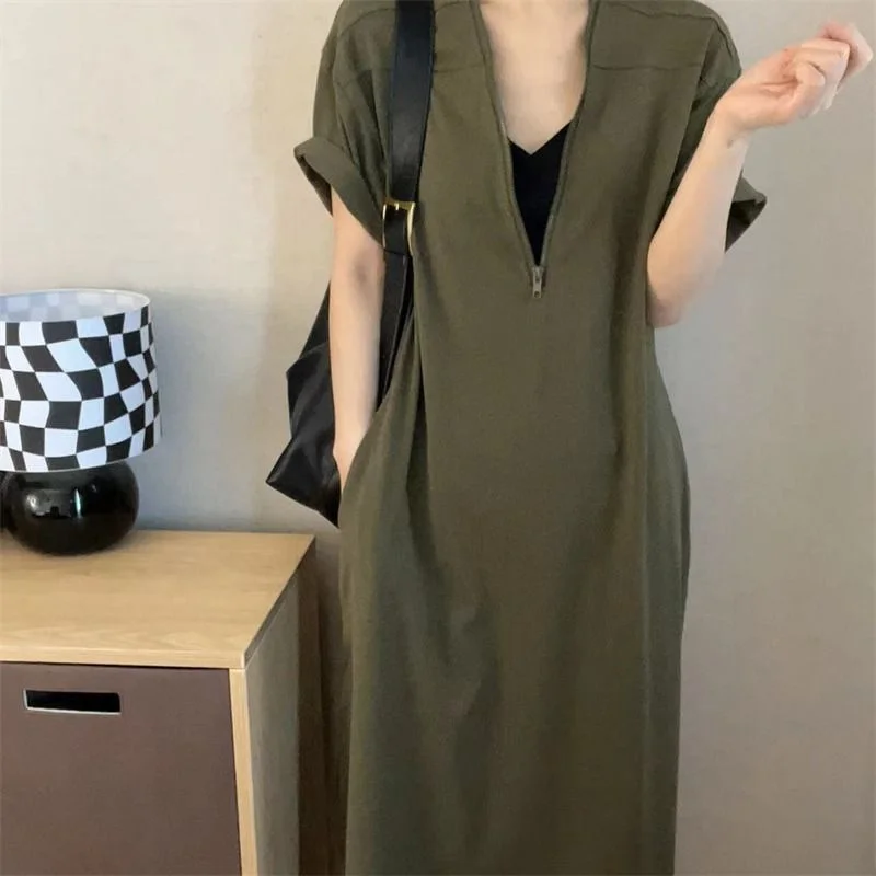 

Plus Size plus Size 300 Pou Hepburn Sle Zipper Dr Women's Summer Loose Casual Midi Skirt Korean Version A-Line Skirt ort S...