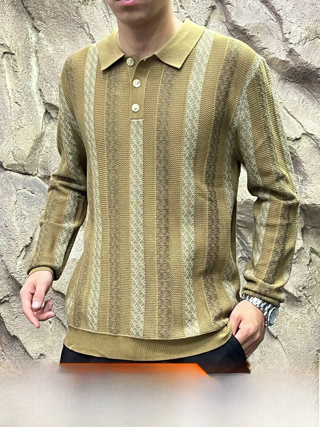 Italian Style Men's Knitted Long Sleeve  Shirt Breathable Comfortable Hollow out Texture Spring Autumn Stripe Base Shirt