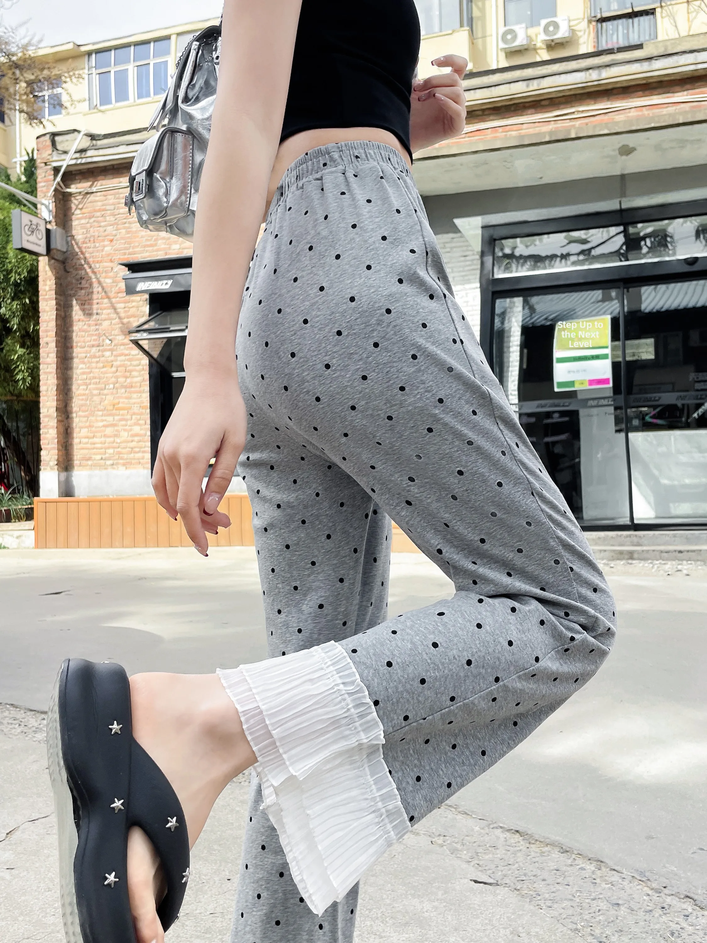 

High Waist Lace Trim Polka Dot Micro Flared Pants Women's Summer Slimming Casual Sporty Nine-Piece Pants Commute Style