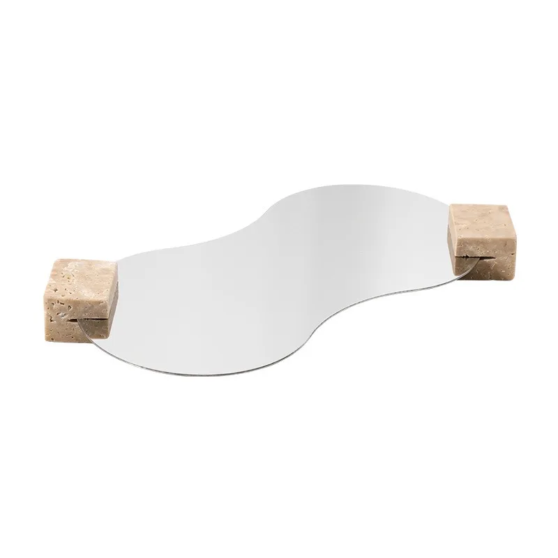 

Modern simple and creative travertine metal mirror tray villa high-end storage plate ornament