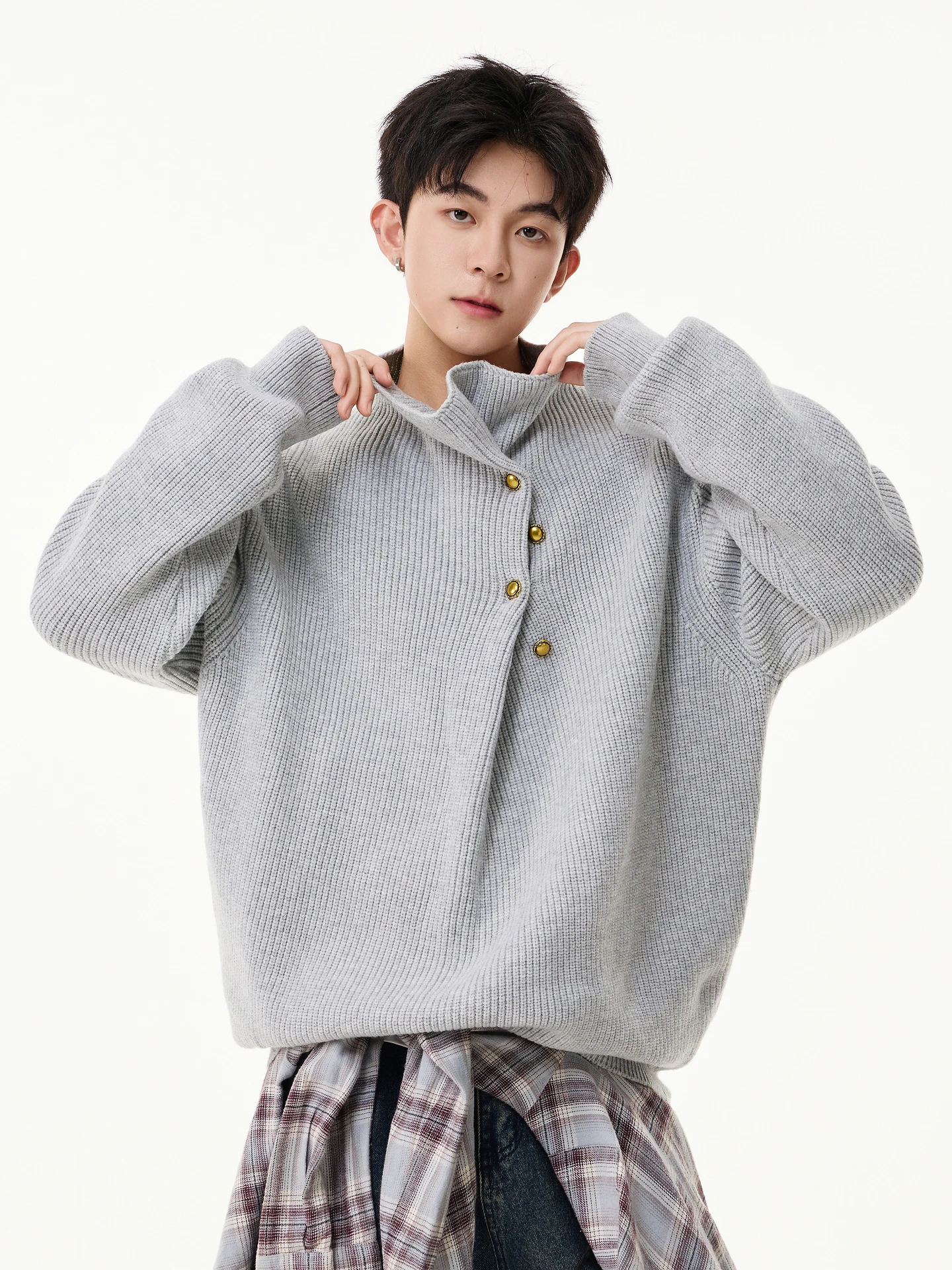 Autumn Winter New Men's Button Design Half High Collar Black Red Knitted Sweater Men's Loose Casual Light Gray White Sweater