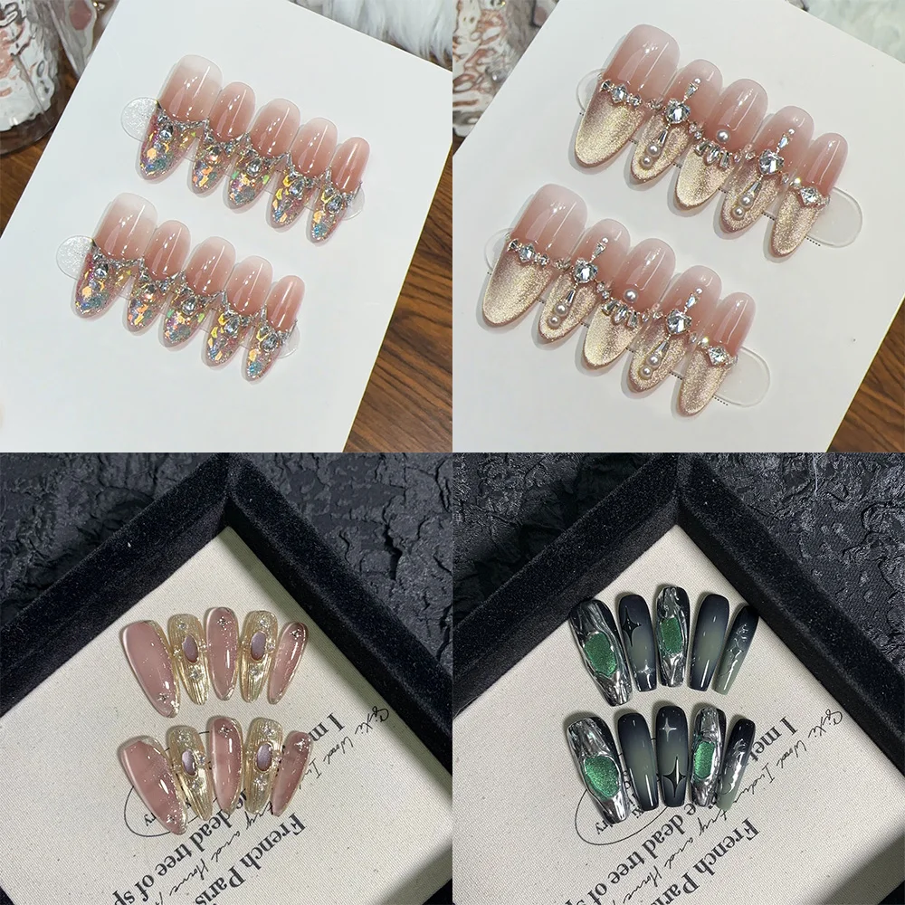 10pcs Pink Fine Glitter 3D Press-On Nails Long Stiletto Diamond Rhinestone Press on Fake Nails Romantic French False Nail Tips