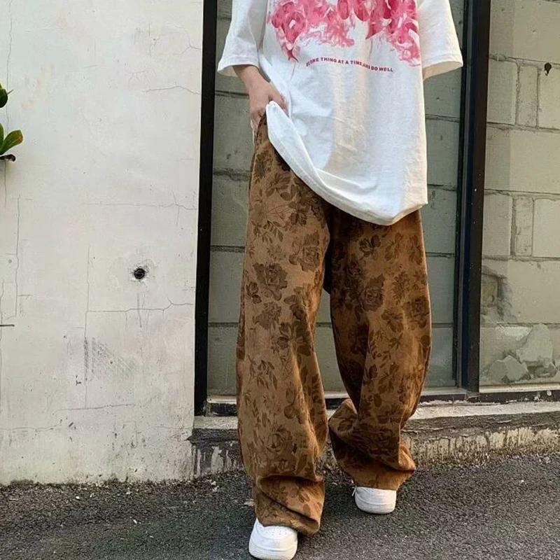 스트리트웨어 코듀로이 여성 바지 빈티지 플로럴 루즈 캐주얼 하이웨이스트 트라우저 가을 힙합 핫티 스트레이트 와이드 레그 팬츠
