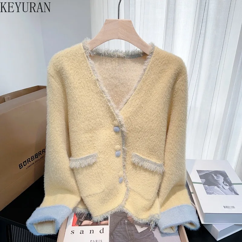 黄色のルーズセータージャケット女性のための秋冬韓国 V ネック長袖ミンクファーニットカーディガンコートアウタートップス
