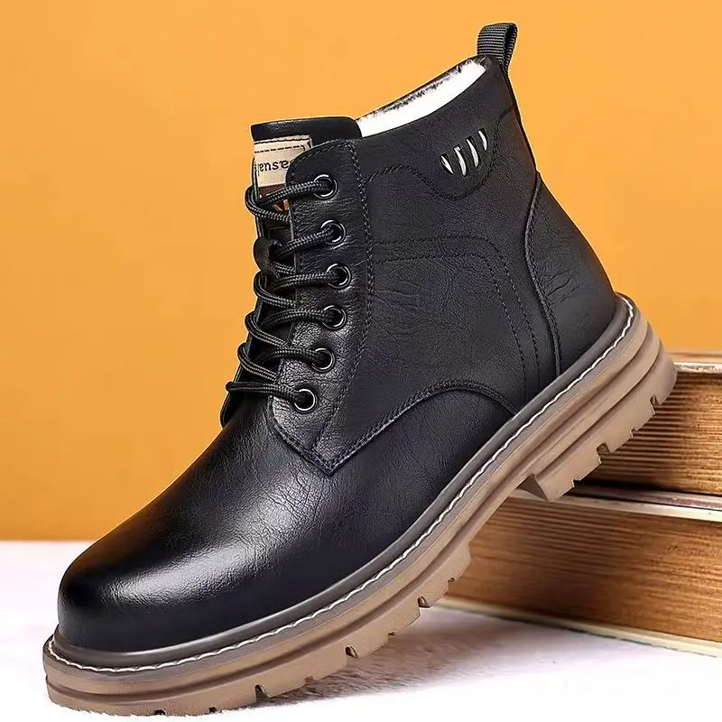 Men's Winter New Leather High Top Snow Boots Thick Sole Non Slip Waterproof Plush Warm Lace Up Low Heel Work Boots Cotton Boots