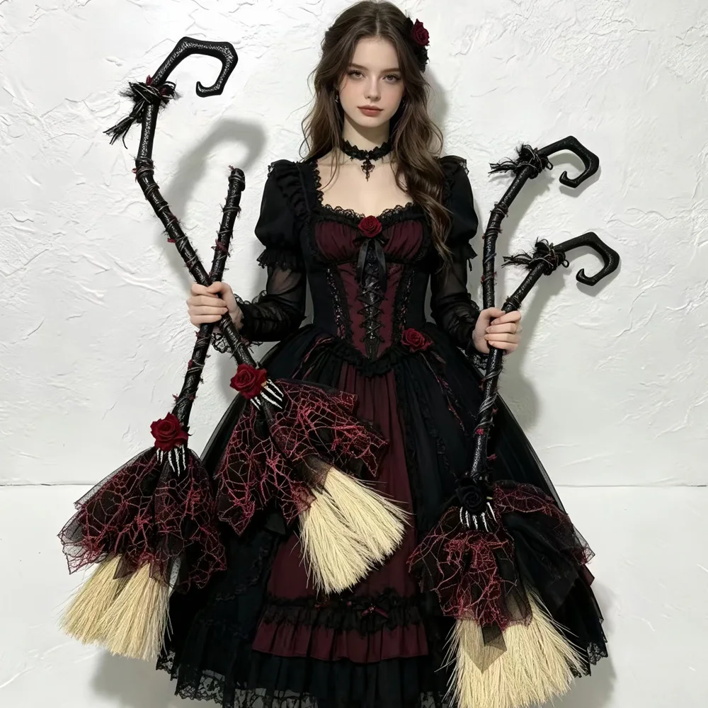Gothic Witch Broom Cosplay Red Rose Witches Decor Magic Wand Halloween Carnival Dress Up Party Costume Props