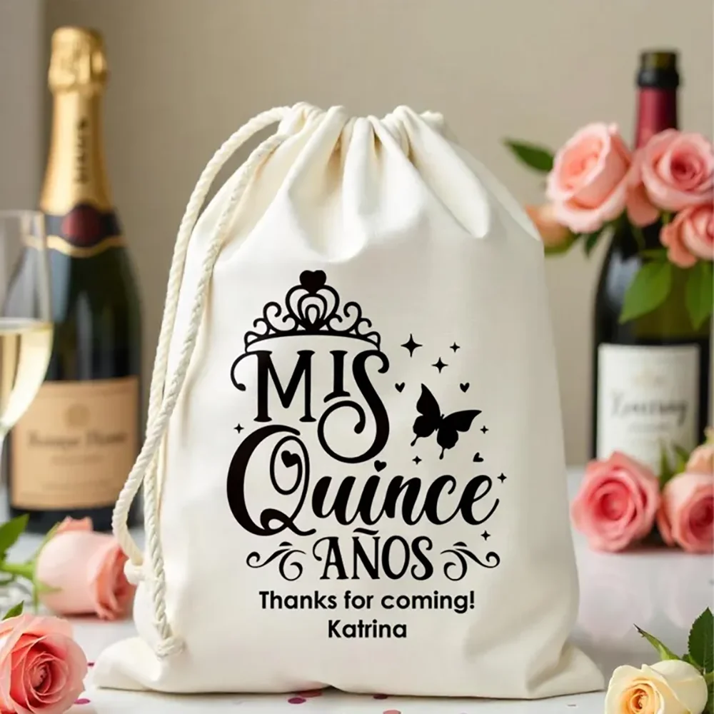 

Custom 5Pcs Miss Quince Quinceanera Party Drawstring Favor Bag 15th Girl Birthday Preparations Welcome Gift Desktop Decoration