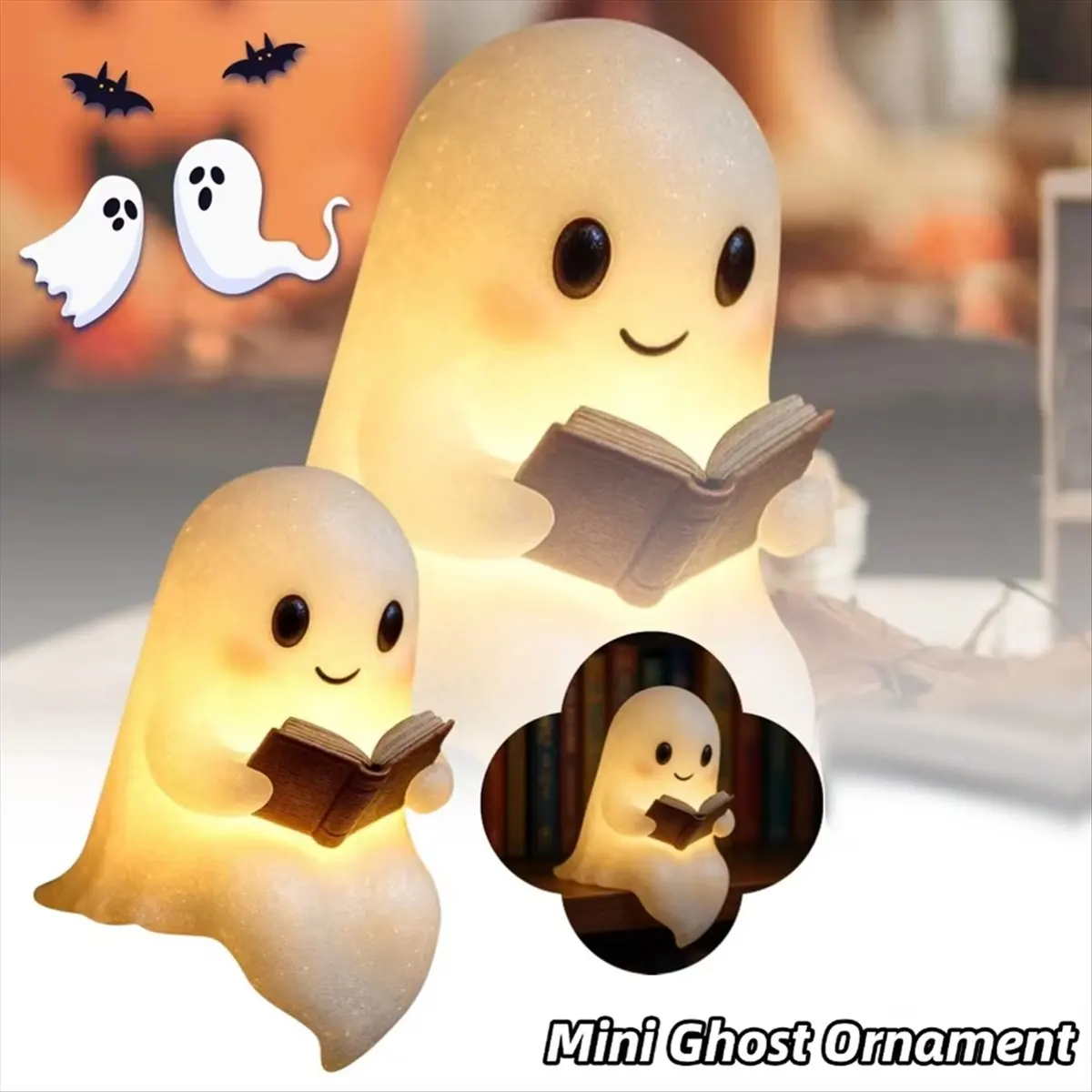 DT81 Cute Ghost Reading Book Lamp Little Ghost Lamp with Book, 3D LED Night Light, Halloween Decor for Bedroom Shelf Party L