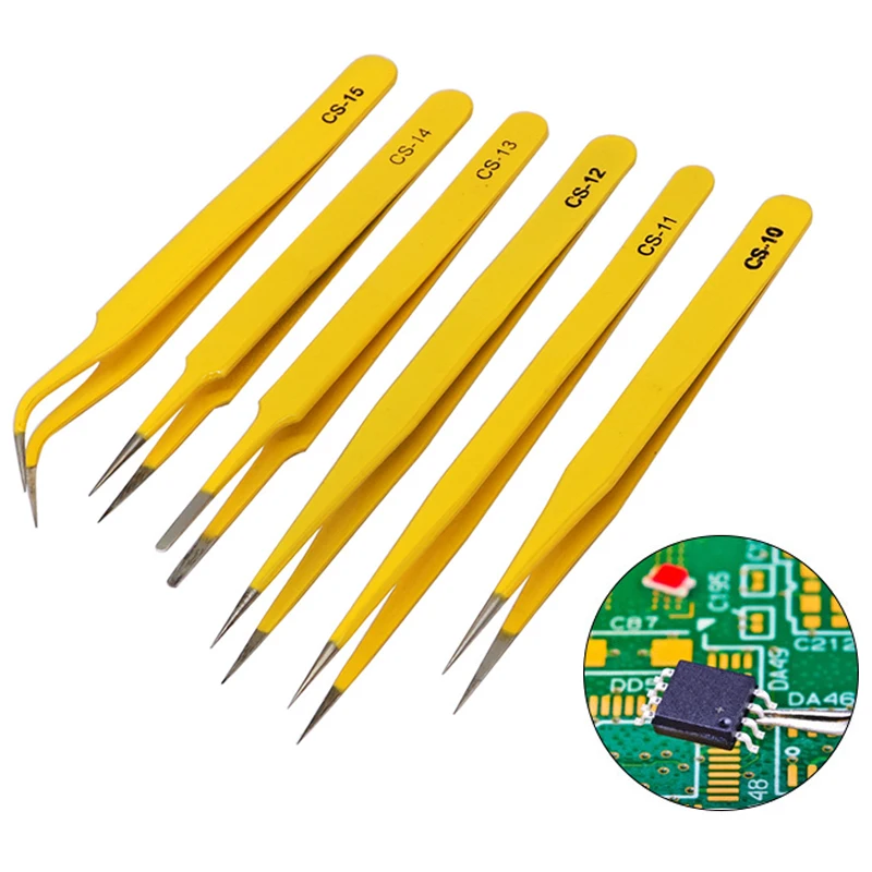 

10/12Pcs Anti-Static Stainless Steel Tweezers Professional Yellow Straight Bent Tips Electronics Mobile Phone Repairing Tools