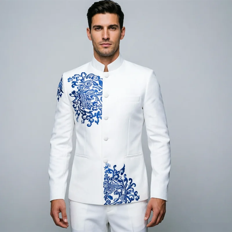 

Мужской костюм с вышивкой и воротником-стойкой: модный деловой, свадебный, для выпускного вечера, сценических выступлений, пиджак и брюки