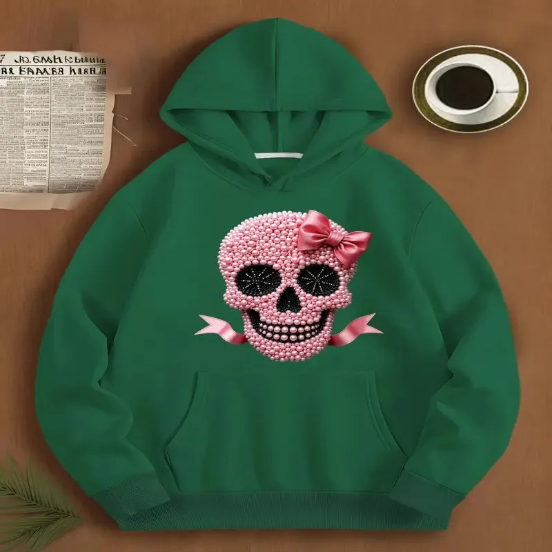 

Осень Зима Женская одежда больших размеров Oversize Женская одежда Череп Дизайн Розовый жемчуг Художественная графика Y2k Топ из мягкой ткани из чистого хлопка