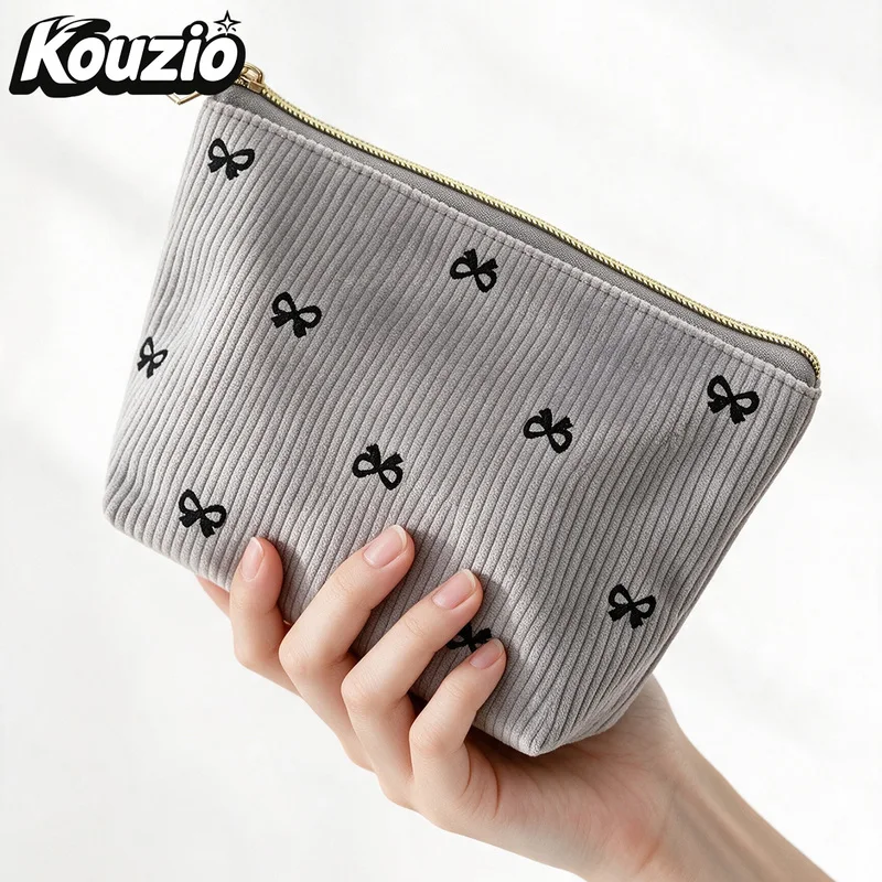 Kouzio Bow Corduroy Zipper Makeup Bag Portable Cosmetic Organizer BH1204
