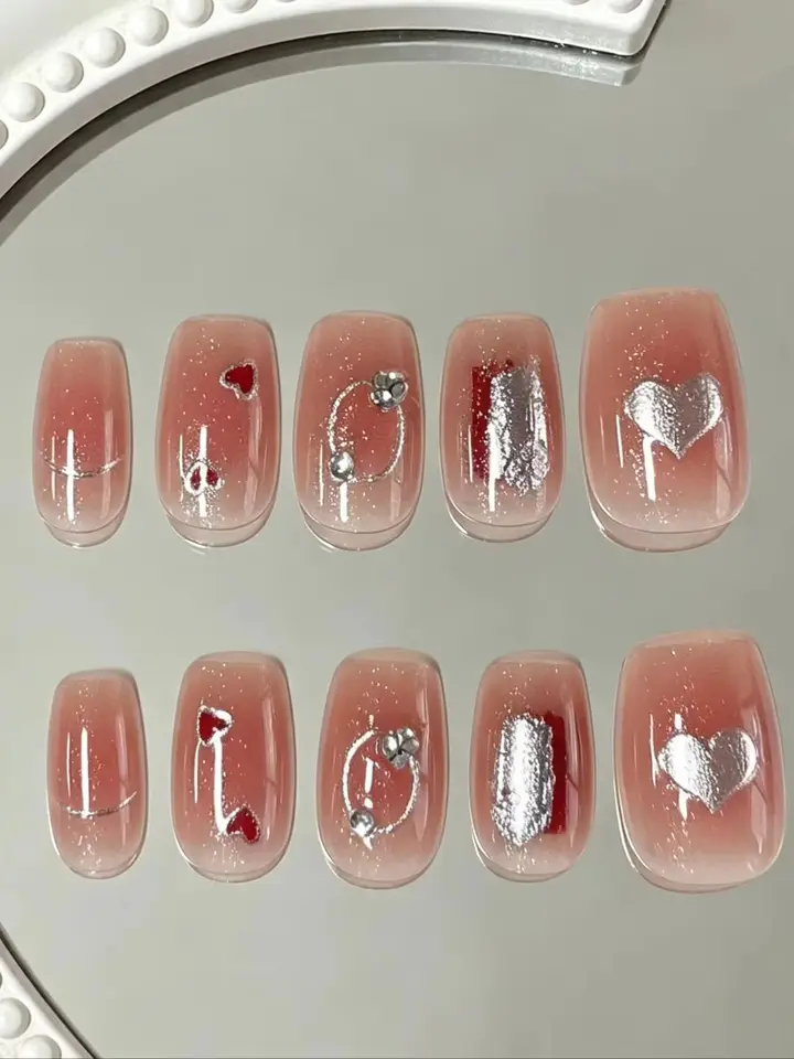 Set de 10 piezas de uñas postizas largas cuadradas y redondas con brillo degradado y láminas plateadas, ideales para citas de parejas, San Valentín, uso diario, salidas con amigas, cumpleaños, outfits elegantes y ceremonias de compromiso 2