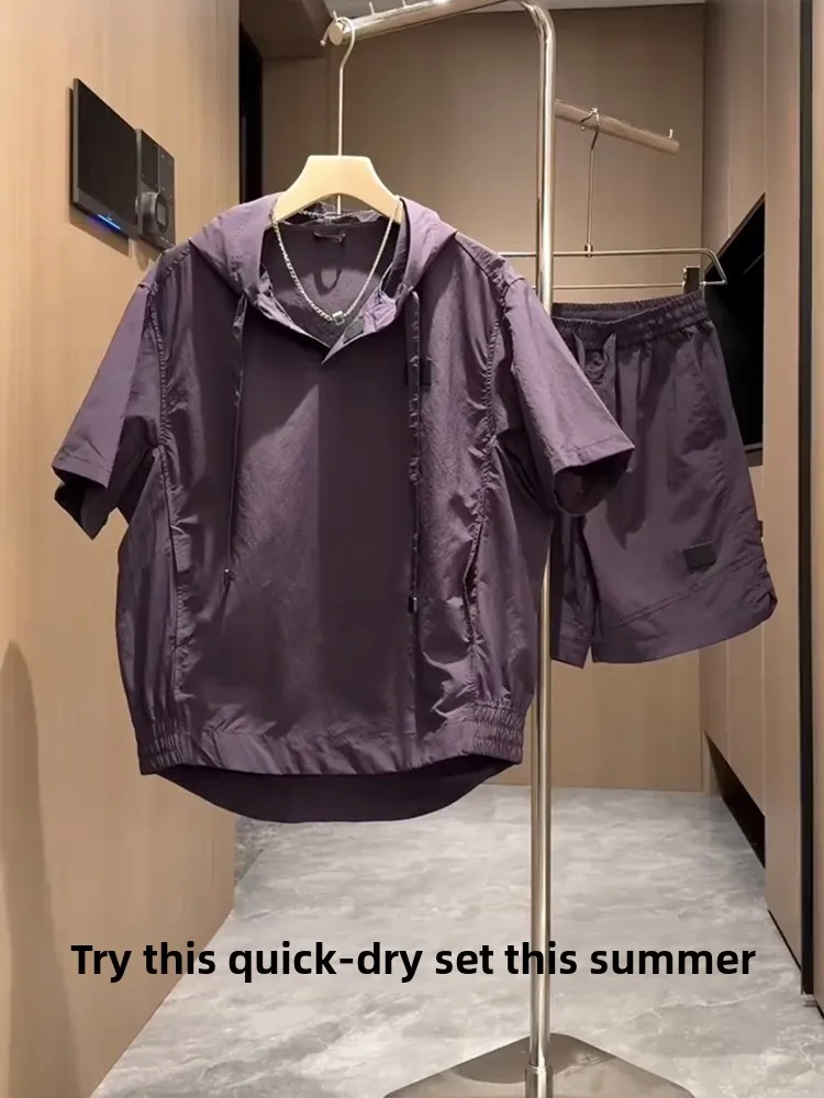 

Летняя свободная толстовка с капюшоном из ледяного шелка, комплект спортивной одежды, мужская повседневная футболка ort Sve и костюм orts из двух предметов для мальчиков-подростков