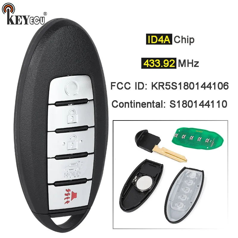 

KEYECU 433,92 МГц 4A FCC ID: KR5S 180144106 С 180144110 Сменный смарт-брелок с дистанционным управлением, 5 кнопок для Nissan Rogue 2017 2018