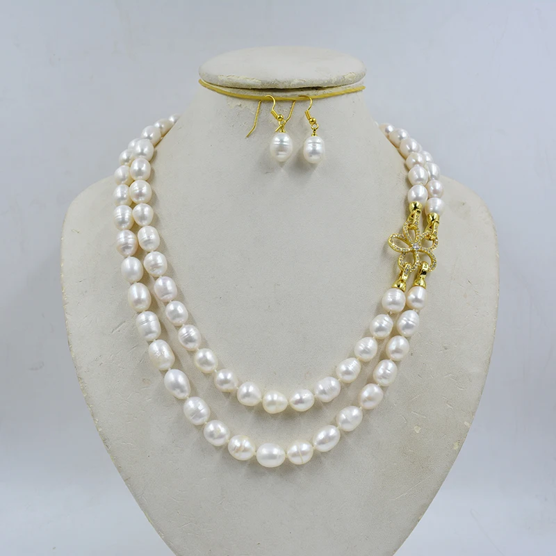 2 rows of 10-11 AA giant natural cultured freshwater pearl necklace Earring set (Natural pearls are very rare now) 18-21”