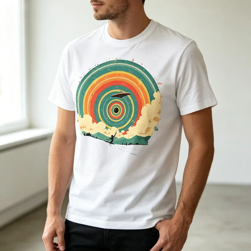 Vintage Record UFO Tee Retro Music Space Print Mens Cotton Short Sleeve Casual Streetwear  Y2k Top Oversized T Shirt