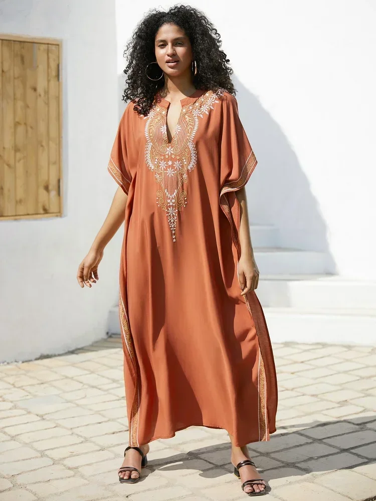 2024 Summer New Boho Embroidered Batwing Sleeves Kaftan Holiday Moo Moo Dresses Women Loose Cozy Lounge Wear House Dress Q1653