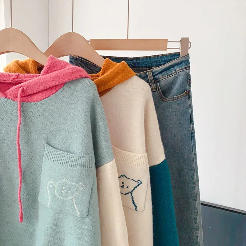 Suéteres con capucha para mujer, ropa de invierno 2024, jerséis de punto de retazos de dibujos animados, jersey con bolsillo, prendas de punto, novedad de 2024