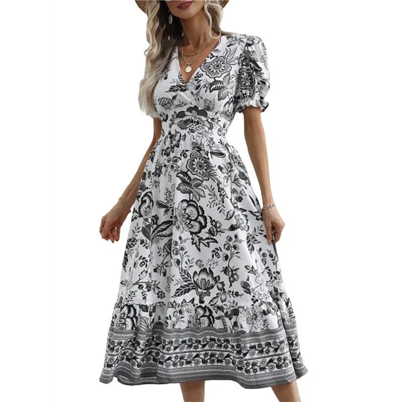 ABRT-Vestito lungo fluido casual da donna con maniche a sbuffo estivo 2025, stampa floreale Boho