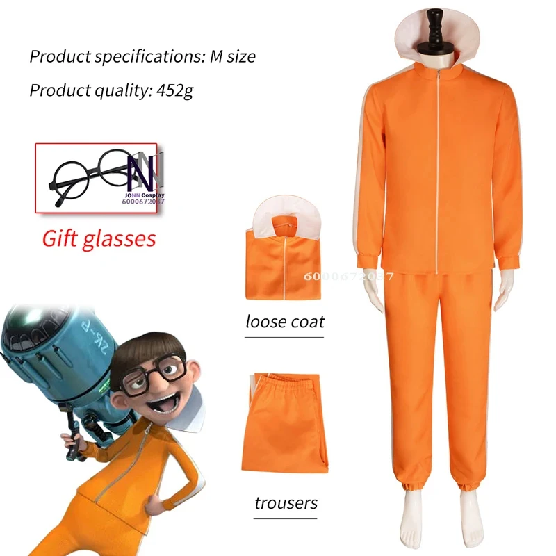 

ABC123Movie Vector Cosplay Costume Set - Orange Jacket, Pants, Glasses & Mushroom-shaped Wig, Halloween Fancy Party Outfx,3;b'2.