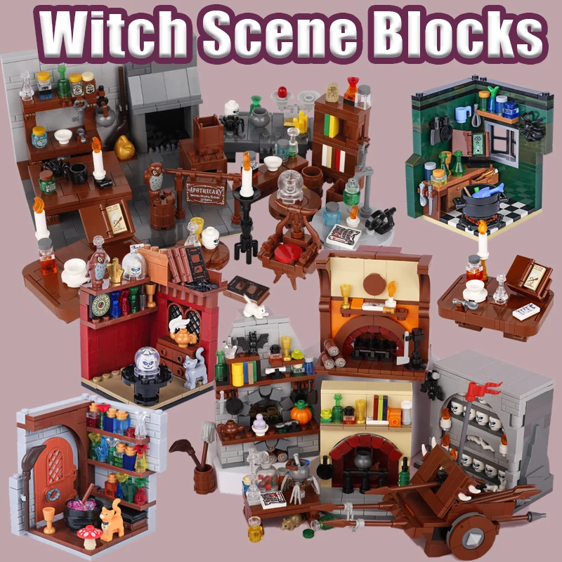 Medieval Military Magic Scene Building Blocks Movie Witch Wizard Laboratory Studio Table Chair Skeleton Bricks Halloween Gifts