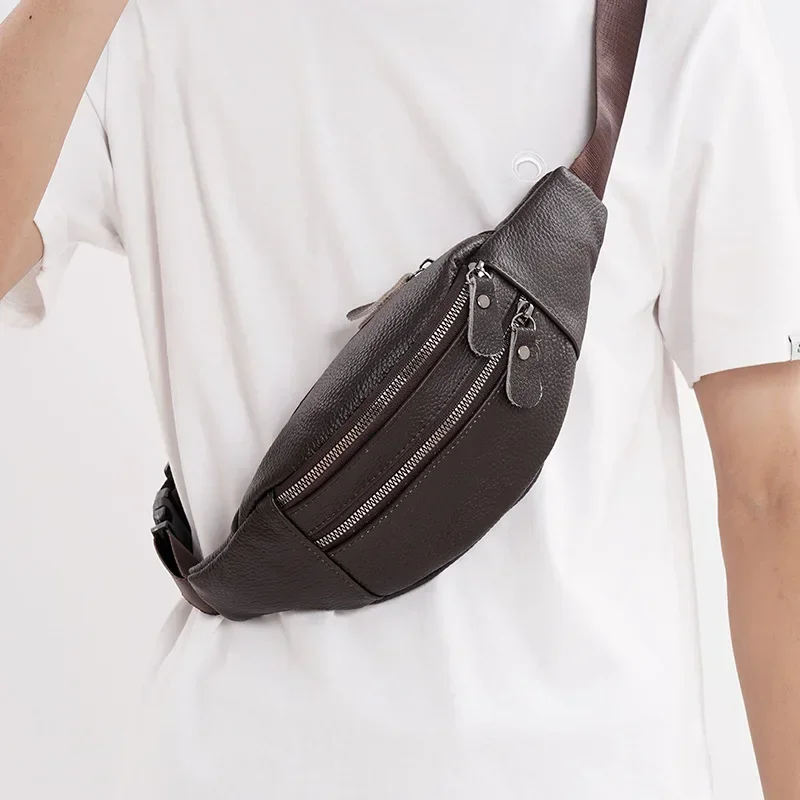 

Real Leather Waist Bag Top Layer Cowhide Mens Multifunctional Chest Crossbody Bag Sports Phone Bag Durable Fashion