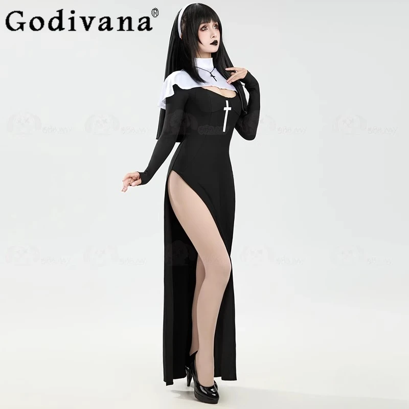 Ropa de actuación bonita para Halloween, disfraz Sexy de monja de Anime para mujer, disfraz de actuación para mujer, vestido elegante negro y chal