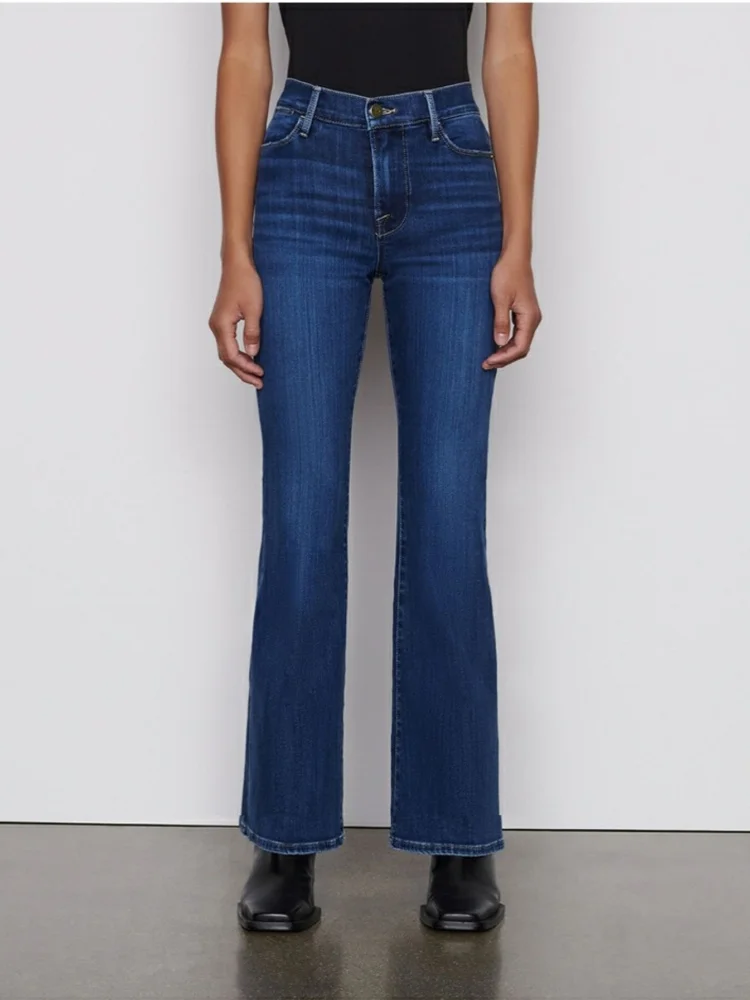 

New Female Loose Hemmed Hem Denim Pants Women High Waist Deep Blue Flare Jeans European and American