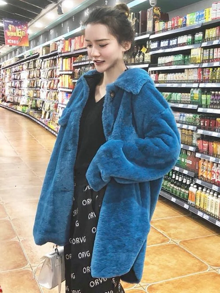 

Women's Mid-Length Sheepskin Faux Fur Jacket Thickened Autumn Winter Outerwear Korean Style Commute Wind Square Collar Asymme...