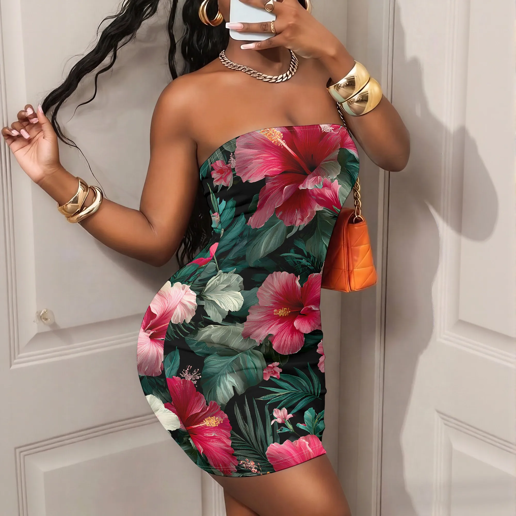 Floral Print Strapless Mini Dress, Tropical Hibiscus Pattern Tube Top Dress, Summer Beach Party Bodycon Gown for Women XS-XL