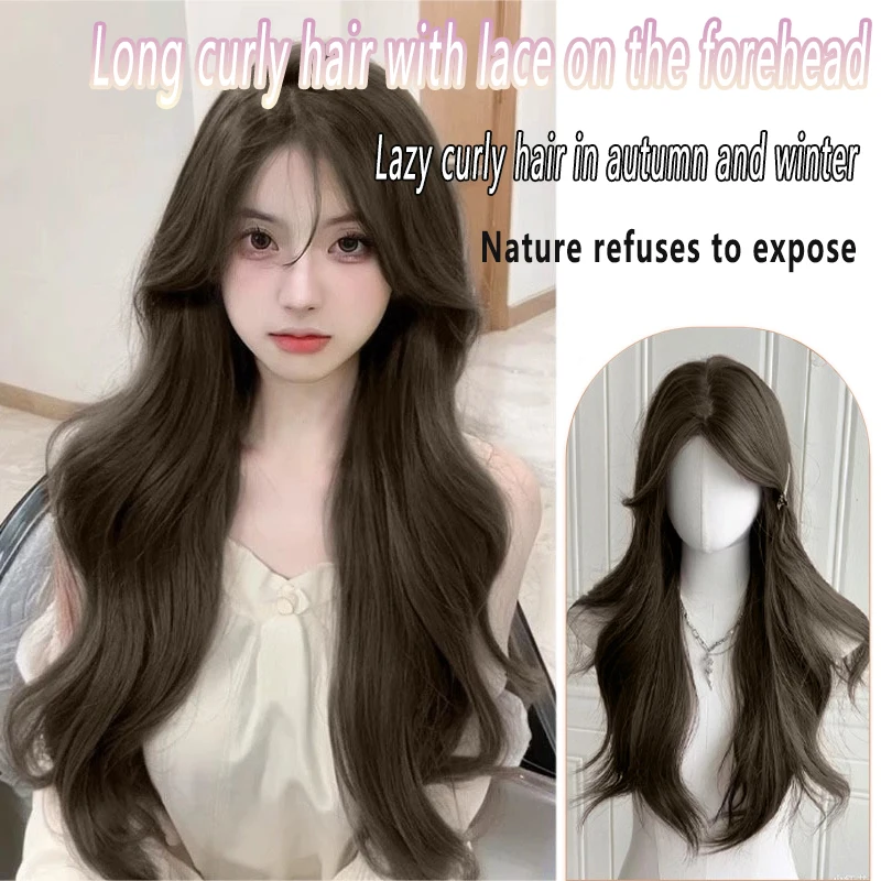 

A lace wig on the forehead, a woman's long, naturally fluffy hair, large waves, middle parting, long curly hair, and a full head